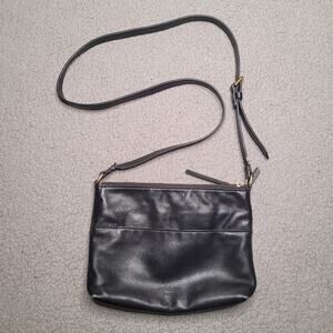 Fossil Crossbody Bag Black Leather Small Zip Pockets Shoulder Adjustable Strap